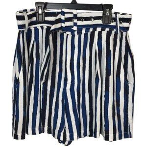 Inspired Hearts Women Large Blue Vertical Stripe Nautical Belted Dress Shorts